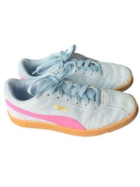 Puma Women's Light Blue Suede Sneakers with Pink Stripe and Gum Sole